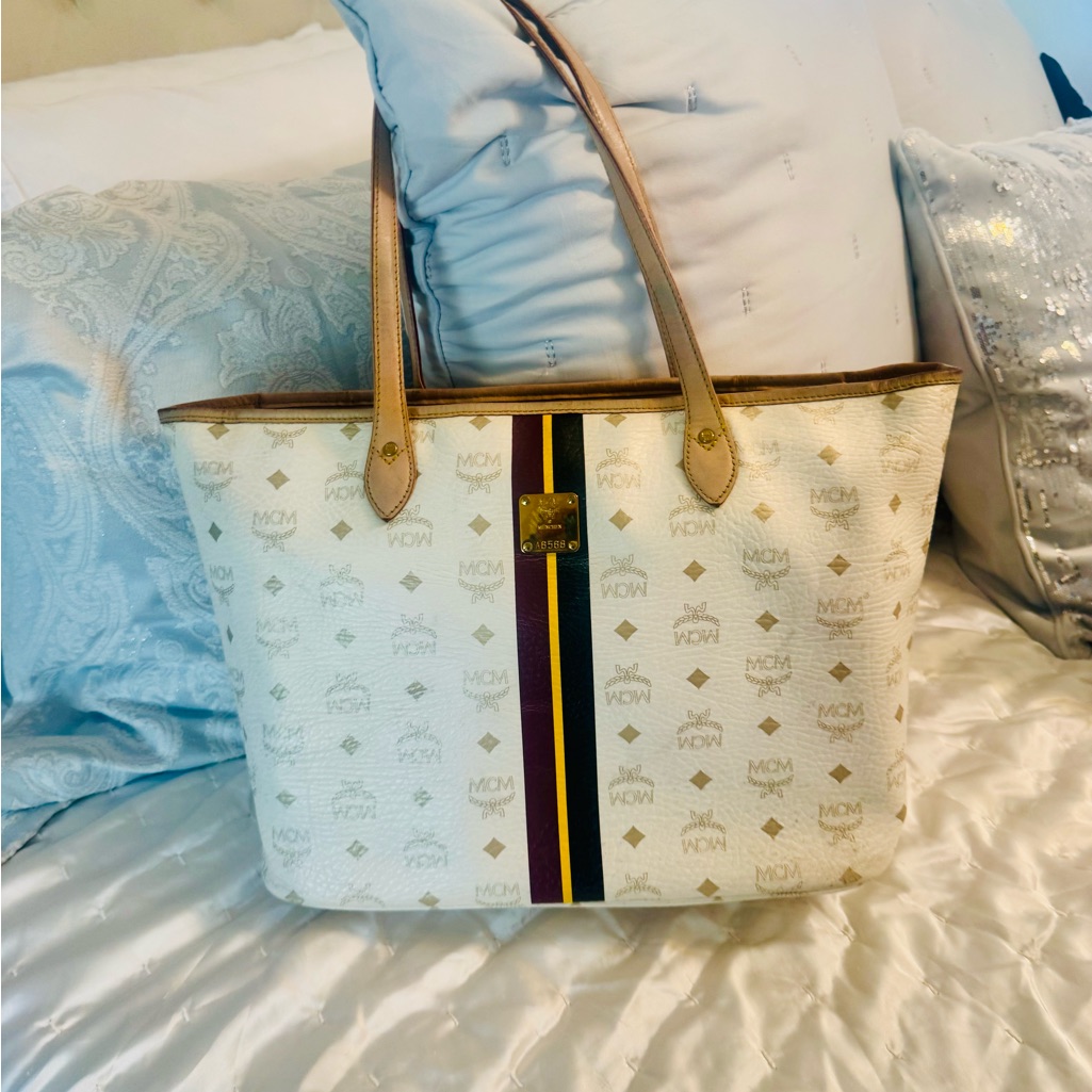 Mcm White And Tan Tote With Navy And Red Stripe